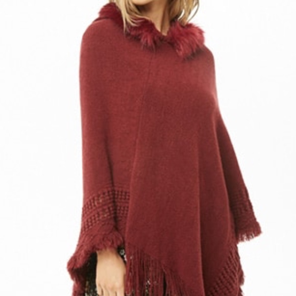 Hooded Faux Fur-Trim Poncho - Picture 2 of 5